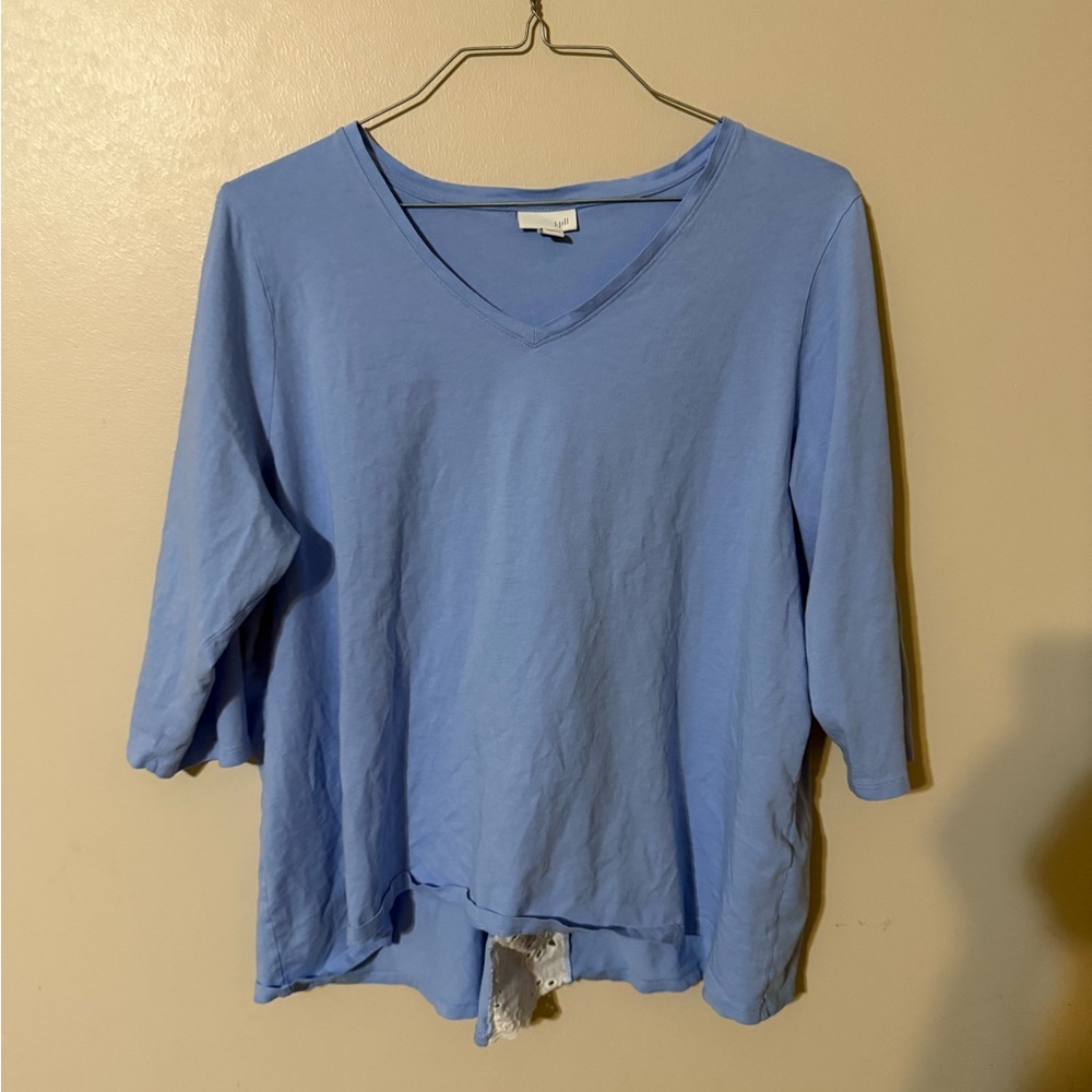 J. Jill Sky Blue Peekaboo Eyelet Lace Back Panel 3/4 Sleeve V-Neck Shirt 3X